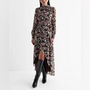 Metallic Printed Mock Neck Surplice Hi-Lo Maxi Dress